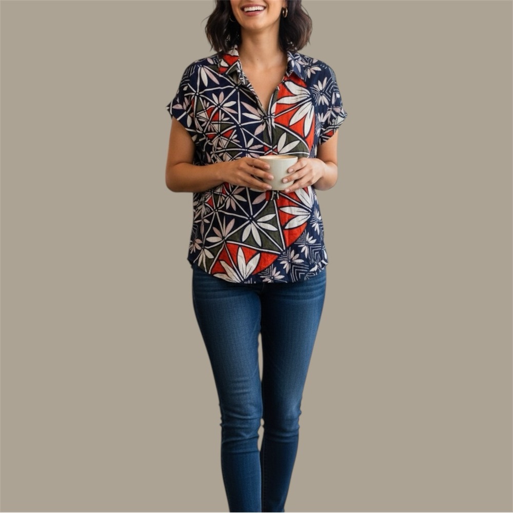 Tory Burch Navy Pottery Placed Short Sleeve Shirt Sz 4